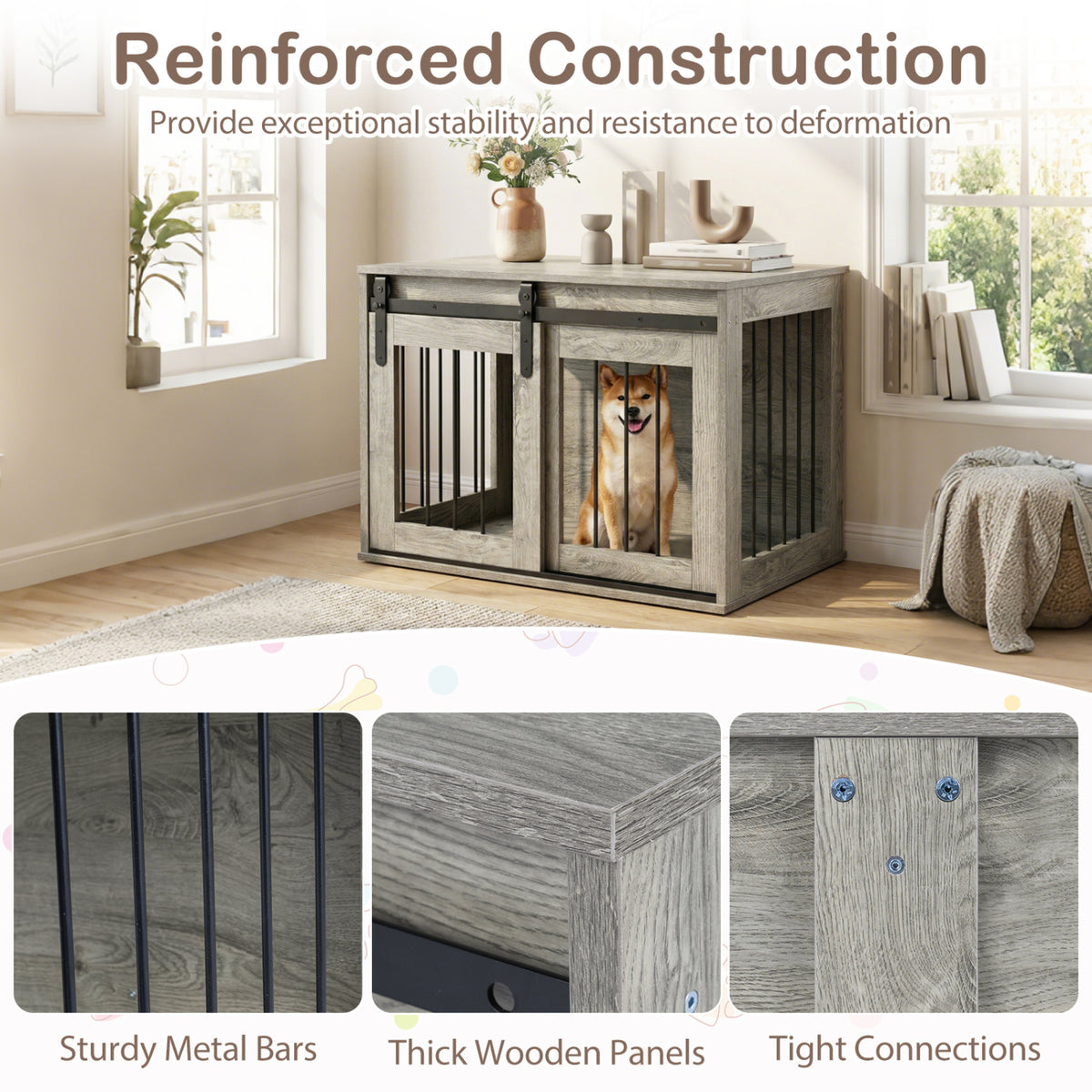 Heavy Duty Dog Crate Furniture with Sliding Barn Door - Gray, Metal Bars