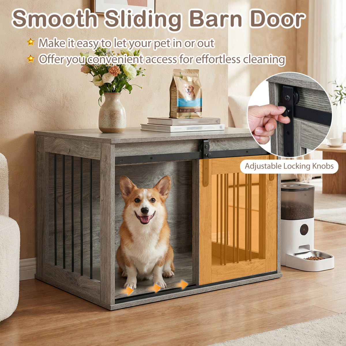 Heavy Duty Dog Crate Furniture with Sliding Barn Door - Gray, Metal Bars