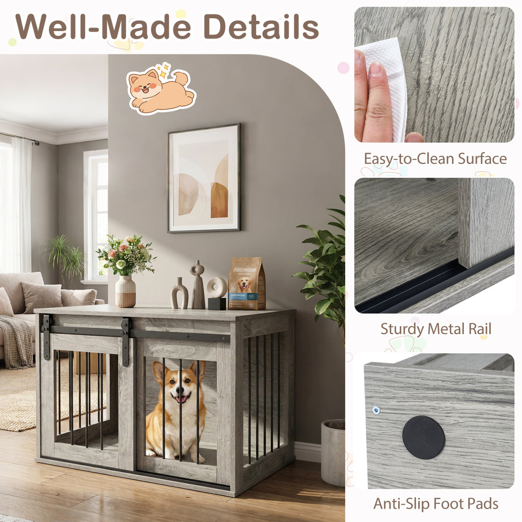 Heavy Duty Dog Crate Furniture with Sliding Barn Door - Gray, Metal Bars