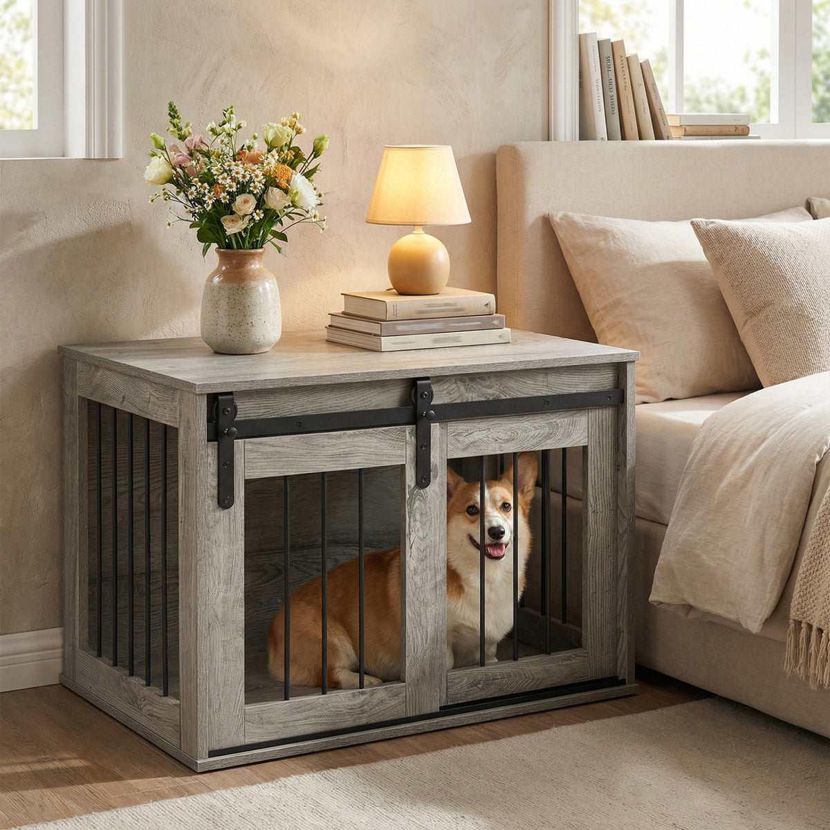 Heavy Duty Dog Crate Furniture with Sliding Barn Door - Gray, Metal Bars