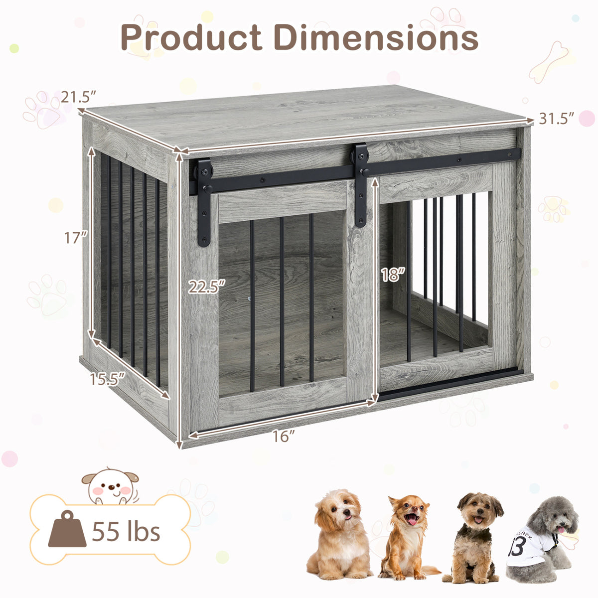 Heavy Duty Dog Crate Furniture with Sliding Barn Door - Gray, Metal Bars