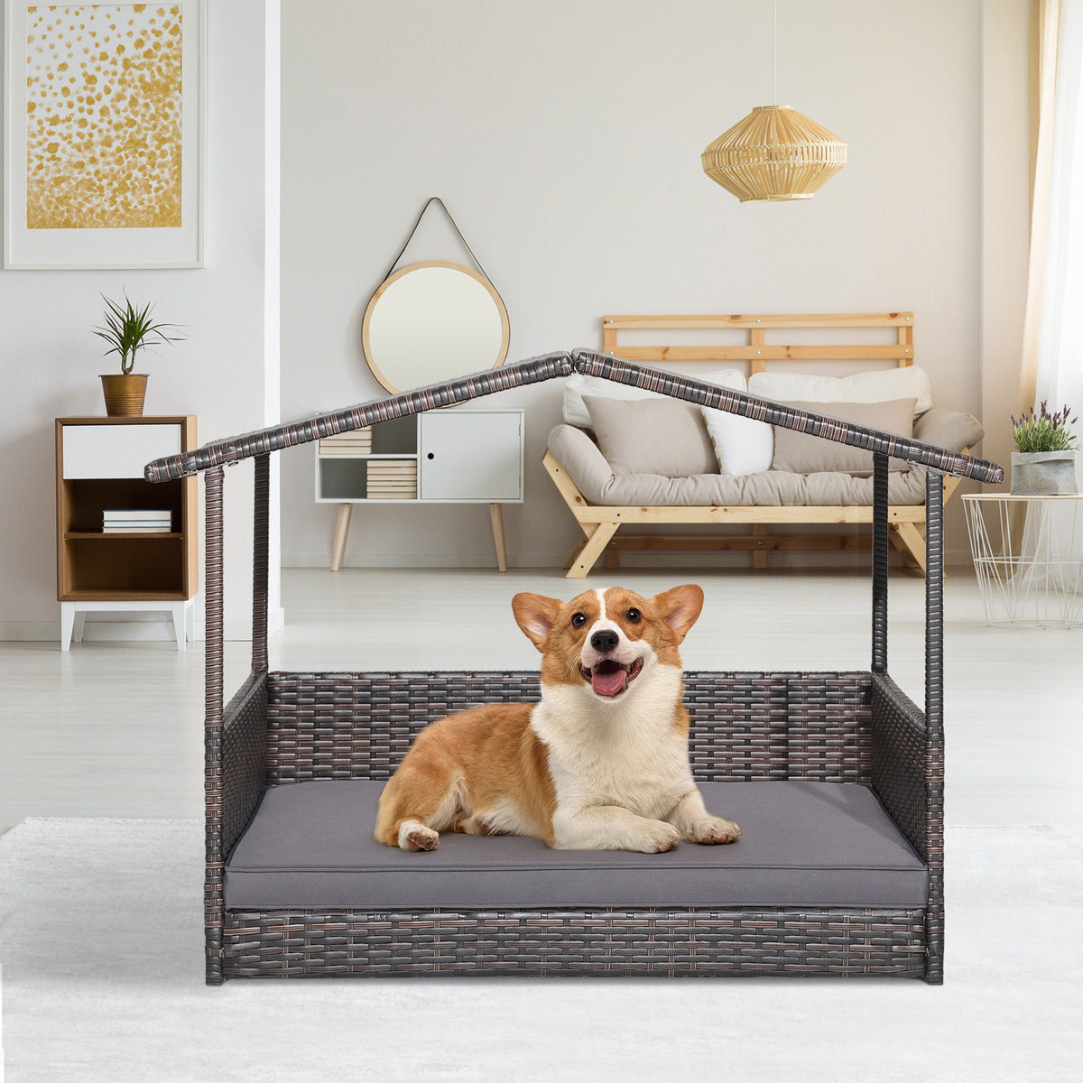 Gray Outdoor Wicker Dog House with Weatherproof Roof - Suitable for All Sizes