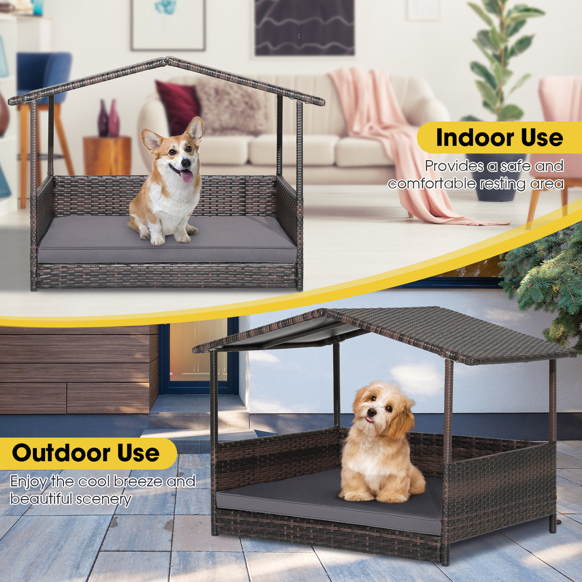 Gray Outdoor Wicker Dog House with Weatherproof Roof - Suitable for All Sizes