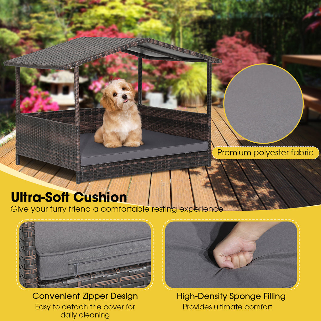 Gray Outdoor Wicker Dog House with Weatherproof Roof - Suitable for All Sizes