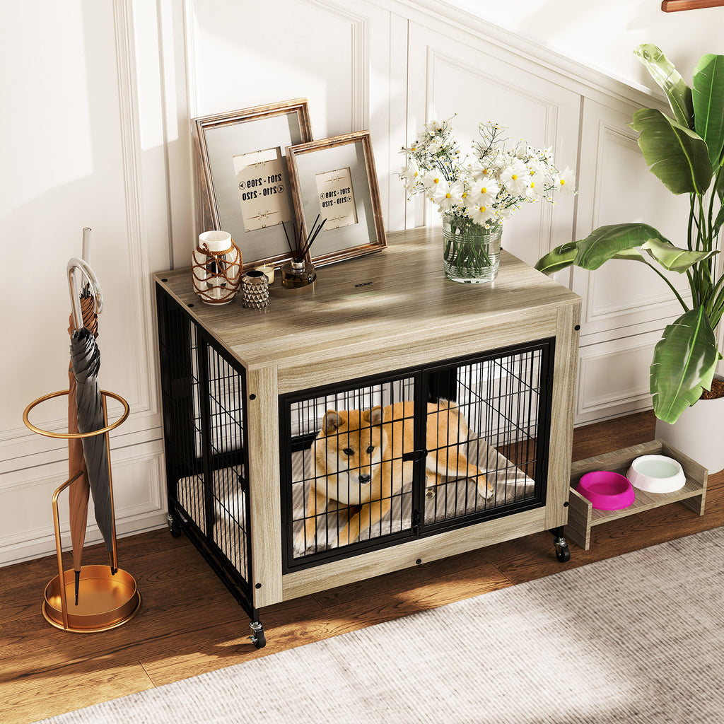 Double Front & Side Door Dog Kennel with Flip-Up Top Removable Tray - Gray