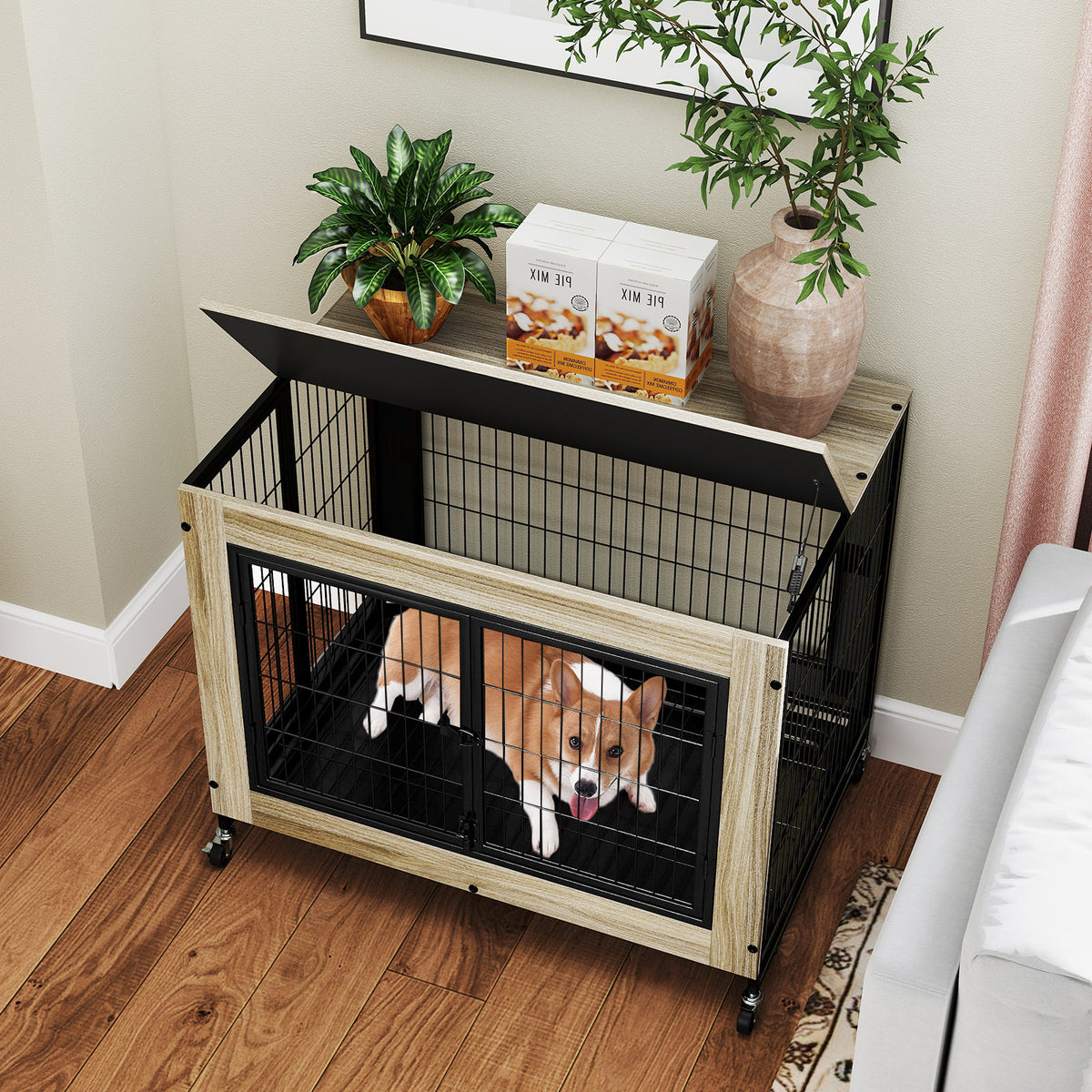 Double Front & Side Door Dog Kennel with Flip-Up Top Removable Tray - Gray