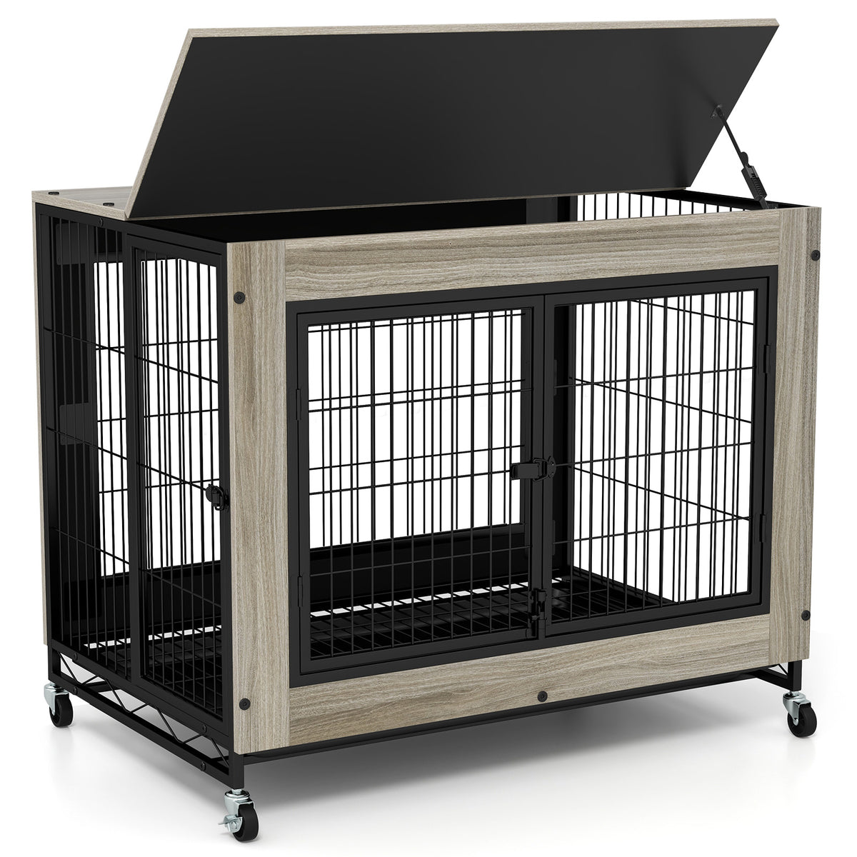 Double Front & Side Door Dog Kennel with Flip-Up Top Removable Tray - Gray