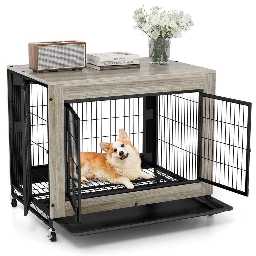 Double Front & Side Door Dog Kennel with Flip-Up Top Removable Tray - Gray