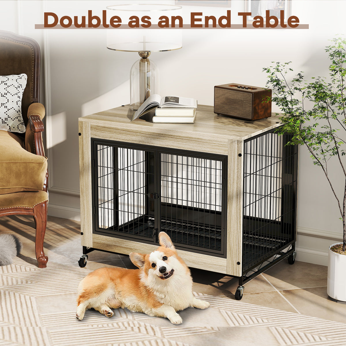 Double Front & Side Door Dog Kennel with Flip-Up Top Removable Tray - Gray