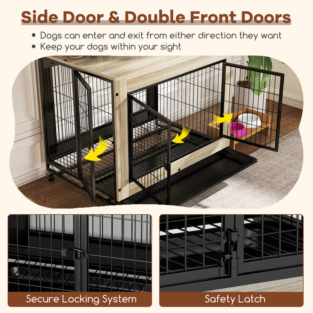 Double Front & Side Door Dog Kennel with Flip-Up Top Removable Tray - Gray