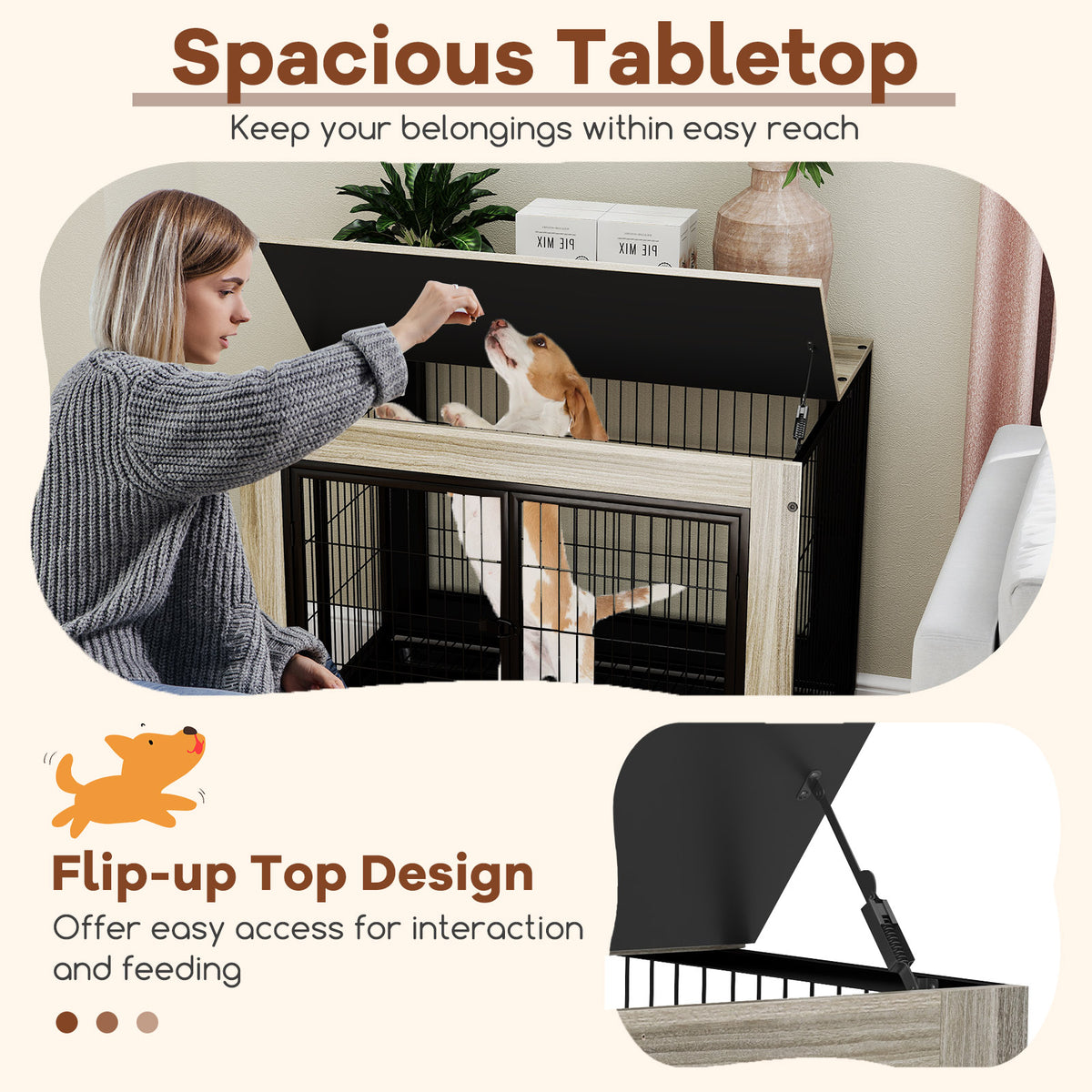 Double Front & Side Door Dog Kennel with Flip-Up Top Removable Tray - Gray