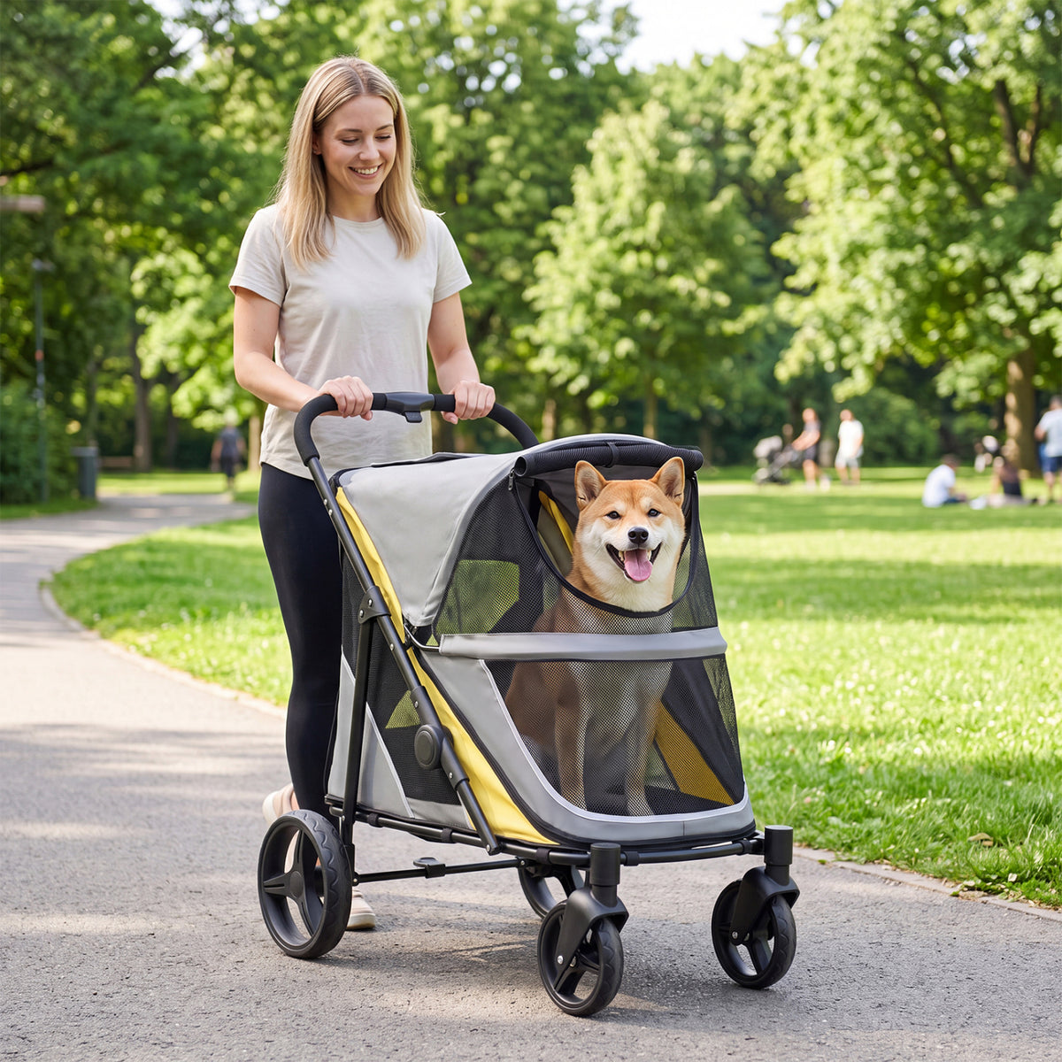 Heavy Duty Dog Stroller for Large Medium Dogs Foldable with 2 Zippered Doors & 3 Windows - Yellow Variation