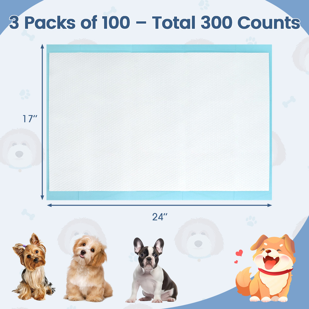 Dog and Puppy Pee Pads 24x17 Inches, 300 Count, Blue - Leakproof Potty Training Sheets with 5-Layer Absorption