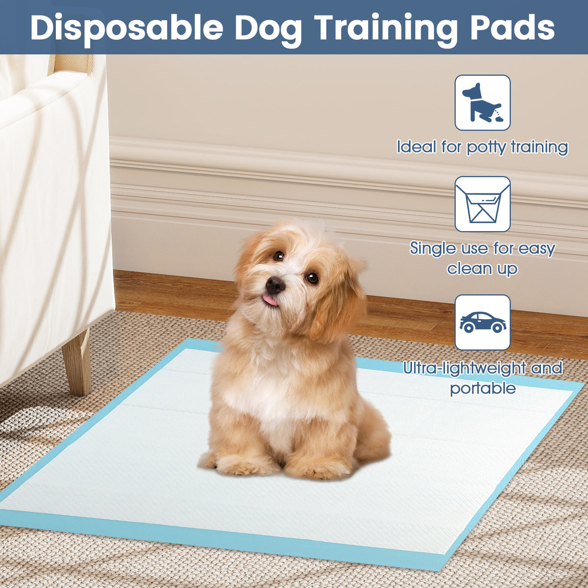 Dog and Puppy Pee Pads 24x17 Inches, 300 Count, Blue - Leakproof Potty Training Sheets with 5-Layer Absorption