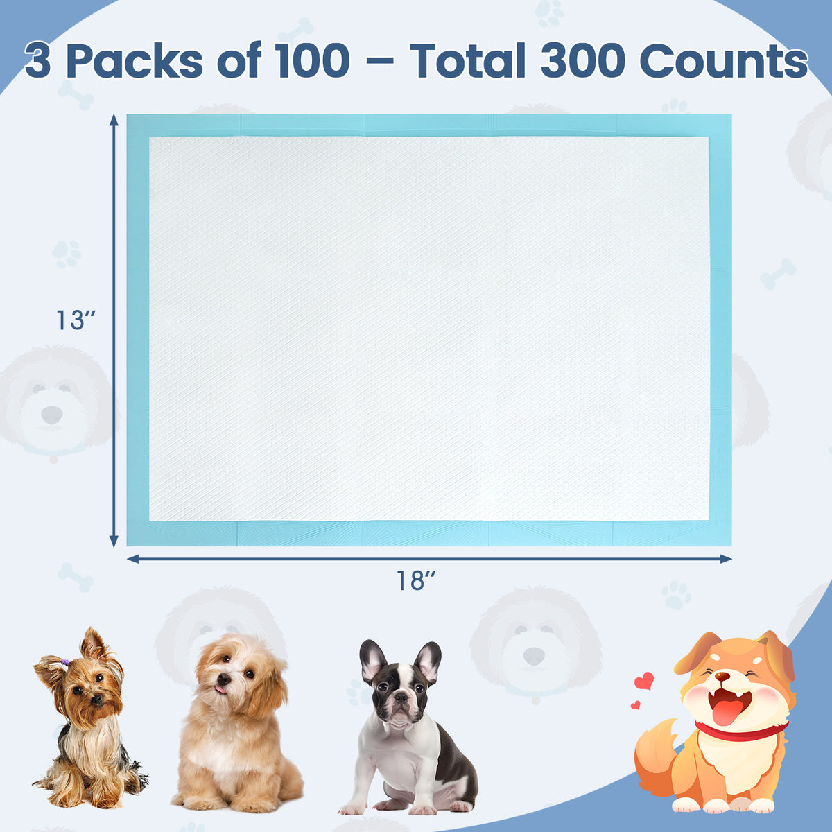 Dog and Puppy Pee Pads 18x13 Inches - Blue, 300 Count, Leakproof Potty Training