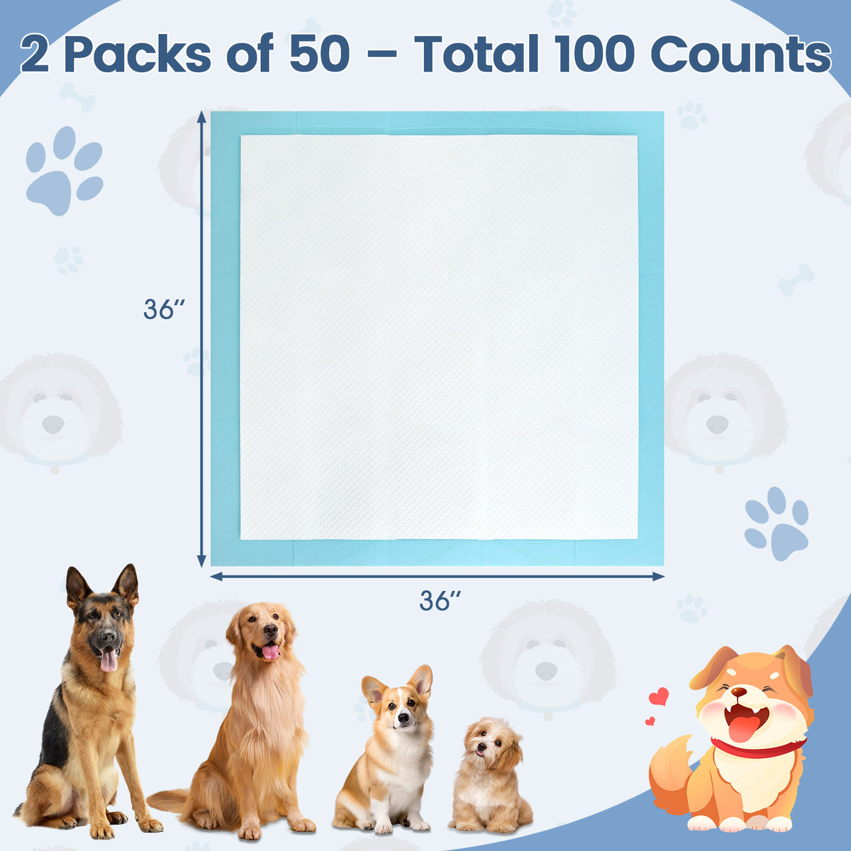Dog and Puppy Pee Pads 36x36 Inches - 100 Count, Blue, Leak-Proof Potty Training
