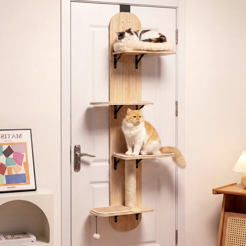 Door Hanging Cat Climber with Plush Bed - Beige, 4-Level Adjustable Cat Tree