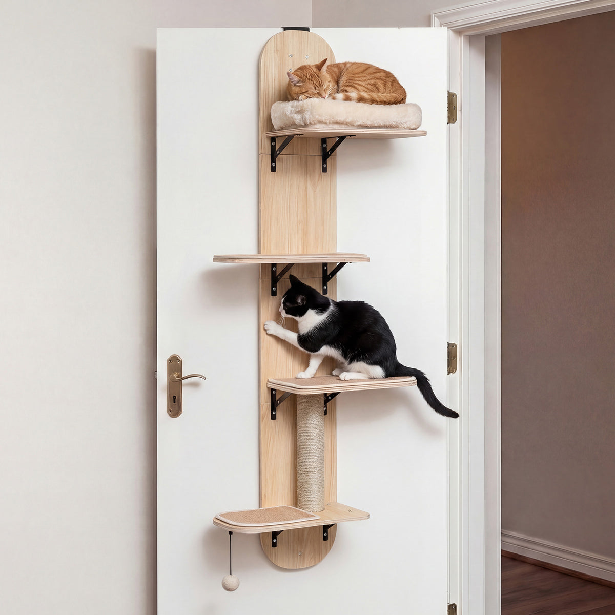 Door Hanging Cat Climber with Plush Bed - Beige, 4-Level Adjustable Cat Tree
