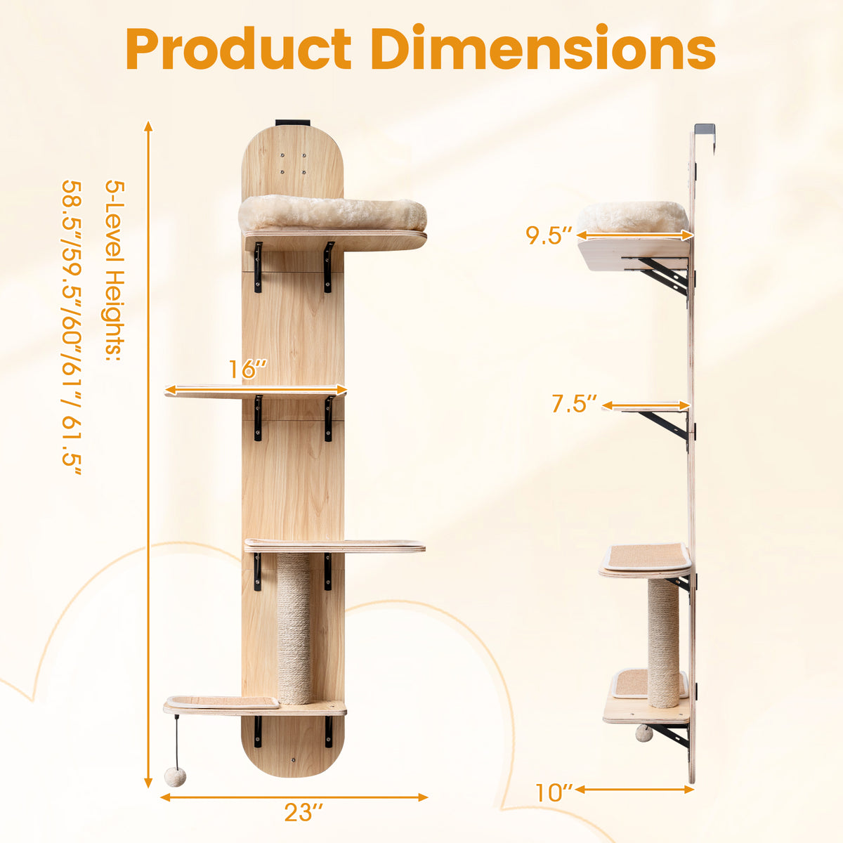 Door Hanging Cat Climber with Plush Bed - Beige, 4-Level Adjustable Cat Tree