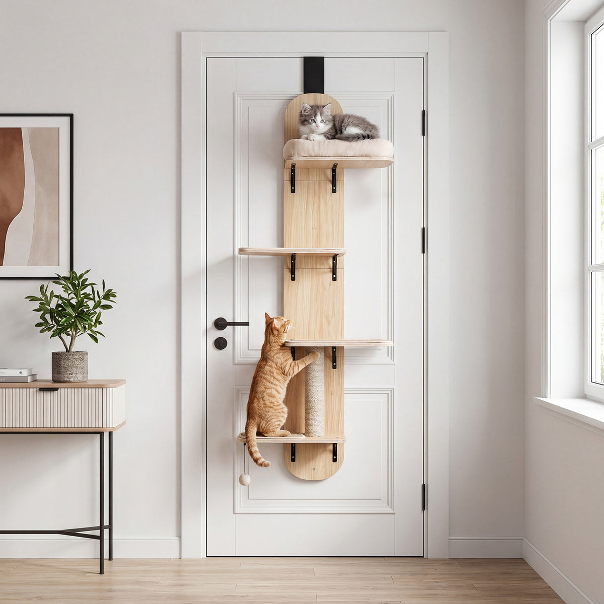 Door Hanging Cat Climber with Plush Bed - Beige, 4-Level Adjustable Cat Tree