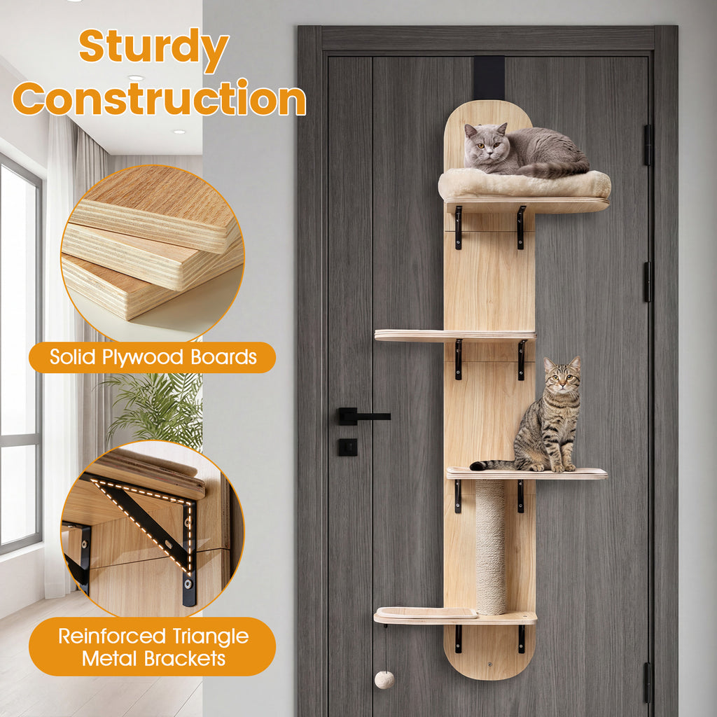 Door Hanging Cat Climber with Plush Bed - Beige, 4-Level Adjustable Cat Tree