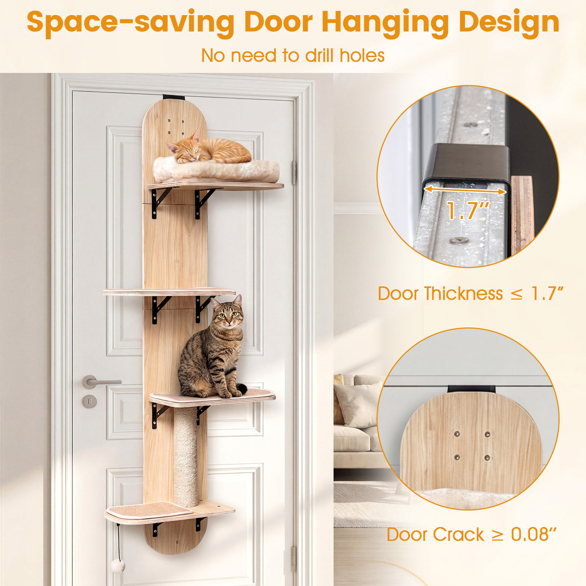 Door Hanging Cat Climber with Plush Bed - Beige, 4-Level Adjustable Cat Tree