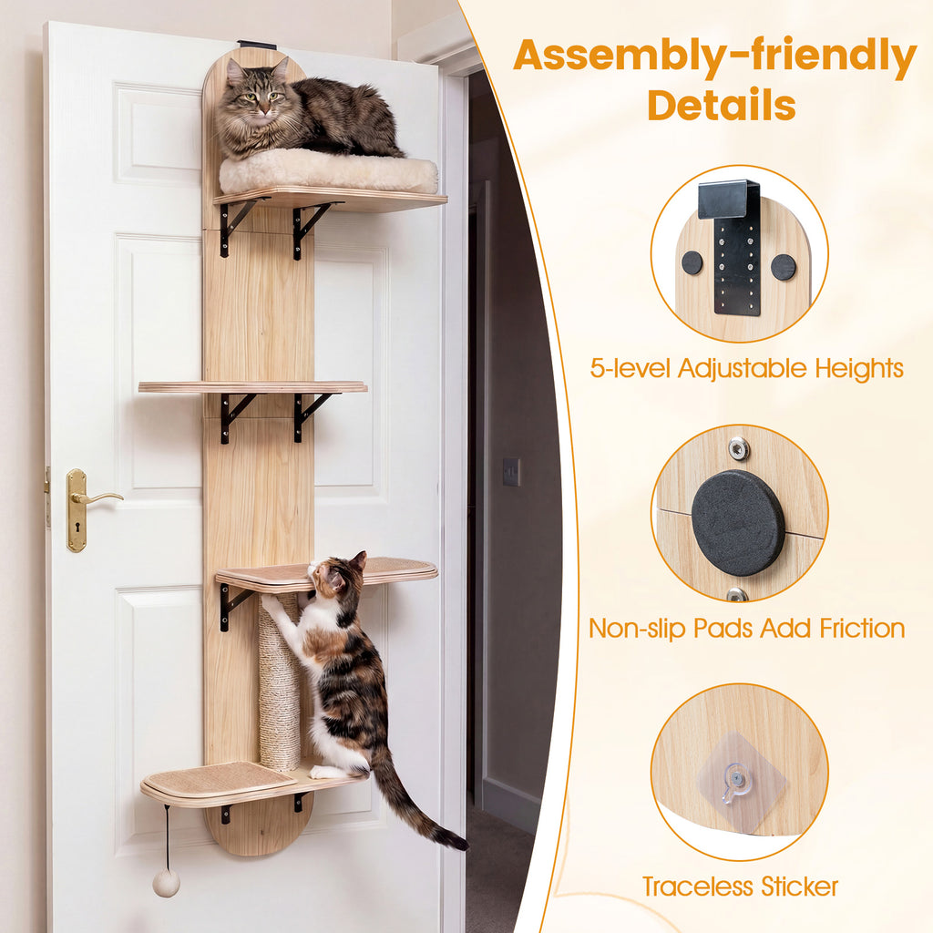 Door Hanging Cat Climber with Plush Bed - Beige, 4-Level Adjustable Cat Tree