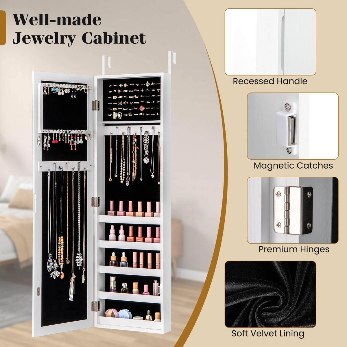 Jewelry Armoire Cabinet with Full-Length Mirror – Wall/Door Mount