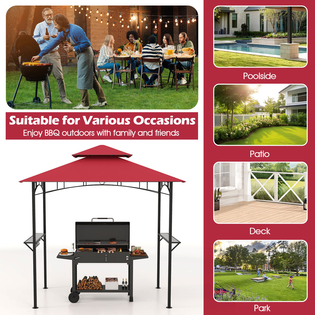 Outdoor Double-Tiered Grill Gazebo Canopy with 2 Shelves and 7 Hooks