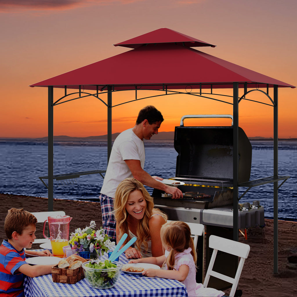 Outdoor Double-Tiered Grill Gazebo Canopy with 2 Shelves and 7 Hooks
