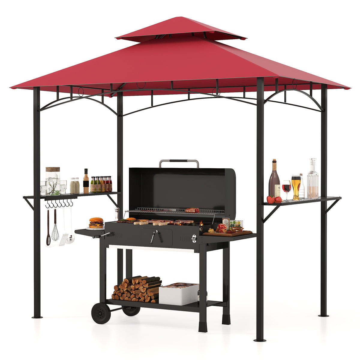 Outdoor Double-Tiered Grill Gazebo Canopy with 2 Shelves and 7 Hooks