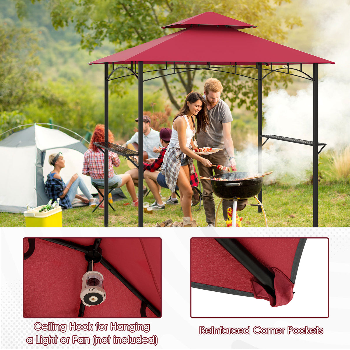 Outdoor Double-Tiered Grill Gazebo Canopy with 2 Shelves and 7 Hooks