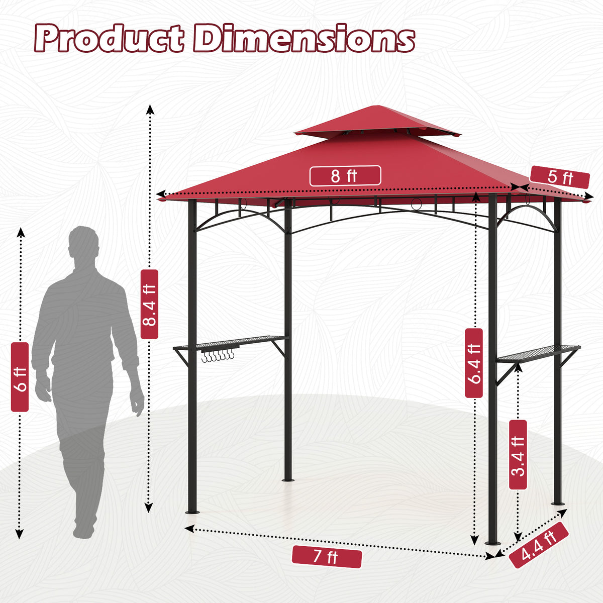 Outdoor Double-Tiered Grill Gazebo Canopy with 2 Shelves and 7 Hooks