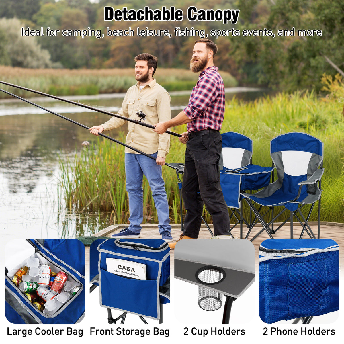 Double Beach Chair with Adjustable Canopy and 3 -Side Shading Curtains