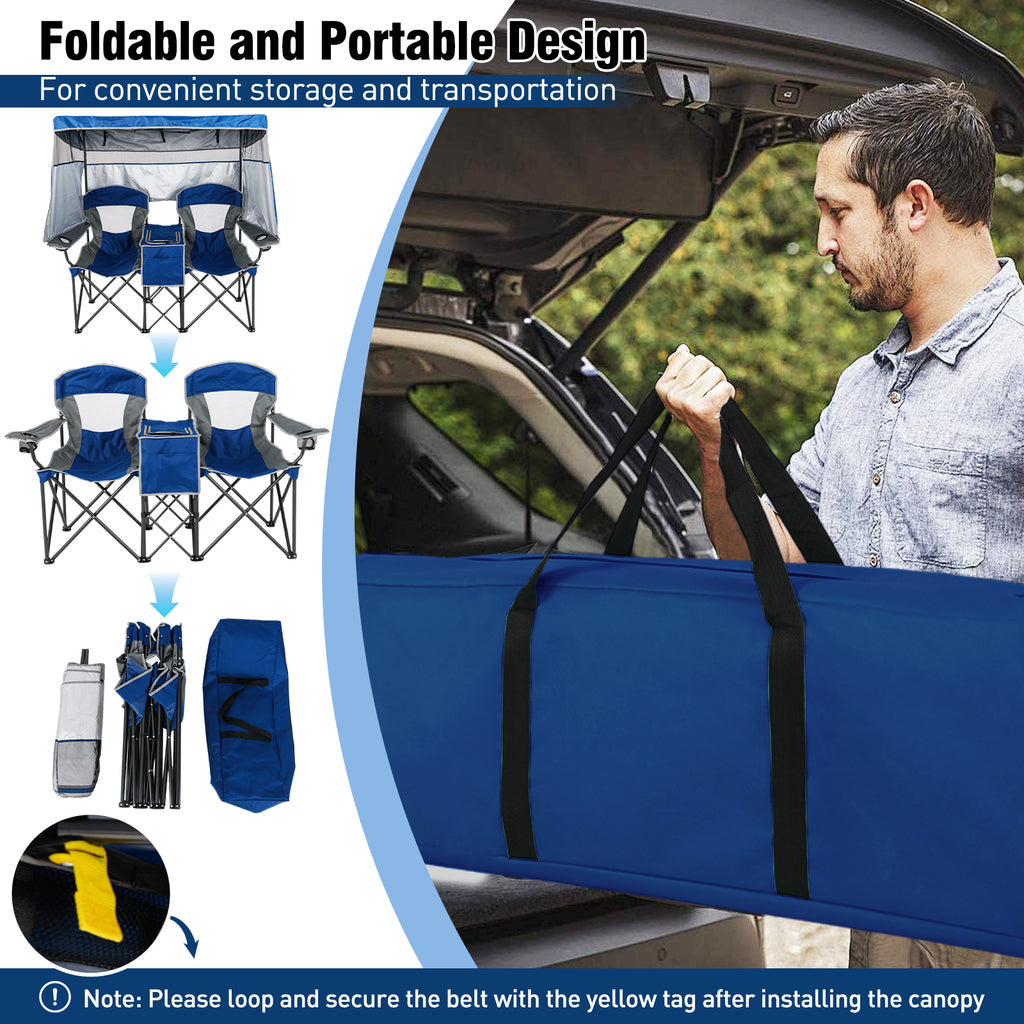 Double Beach Chair with Adjustable Canopy and 3 -Side Shading Curtains