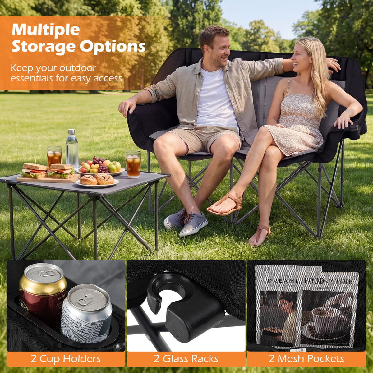 Double Camping Chair with Cup Holders Glass Racks and Mesh Pockets