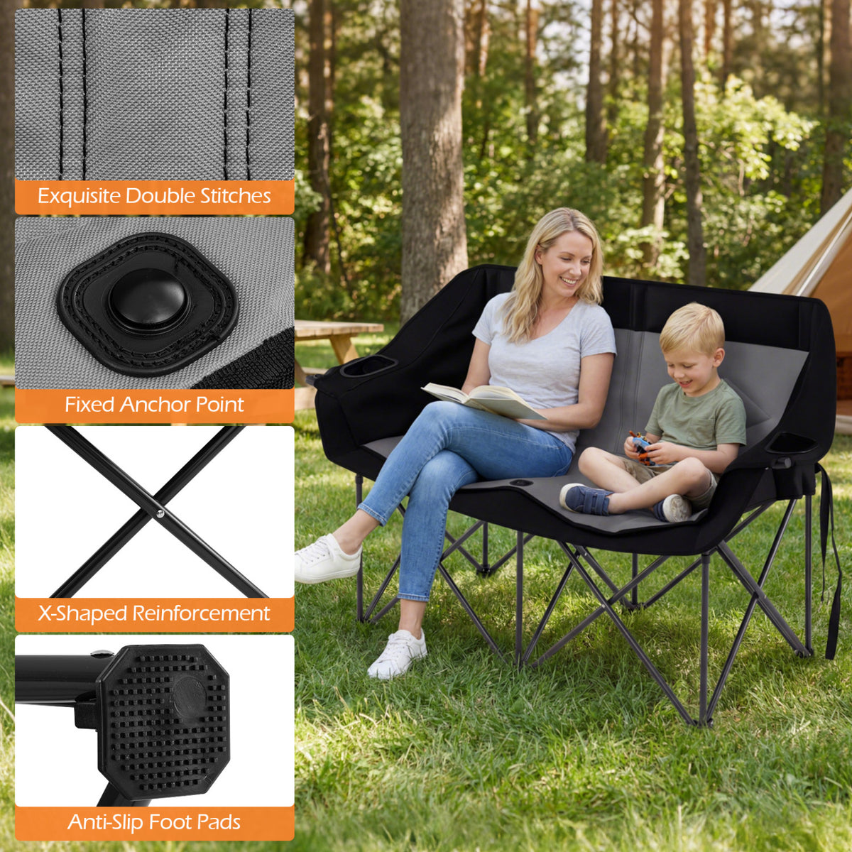 Double Camping Chair with Cup Holders Glass Racks and Mesh Pockets