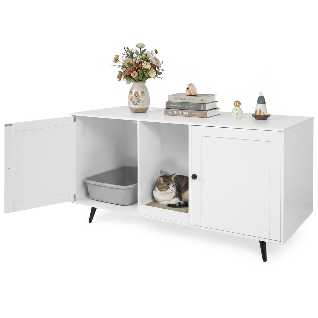 Double Cat Litter Box Enclosure for 2 Cats with Scratching Pad - White