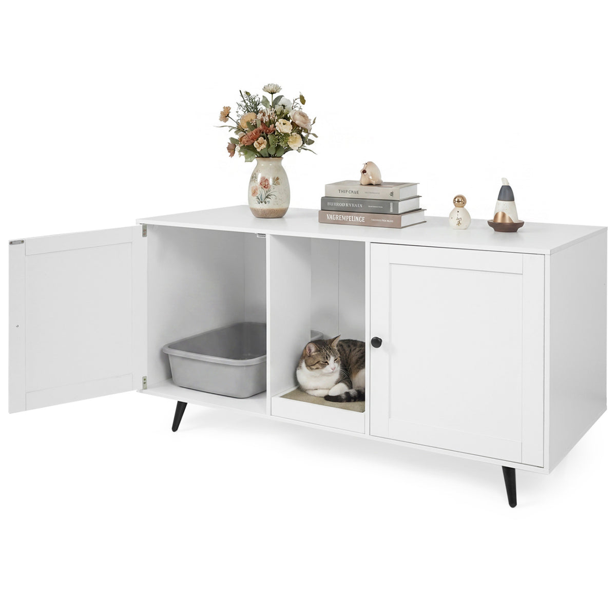 Double Cat Litter Box Enclosure for 2 Cats with Scratching Pad - White