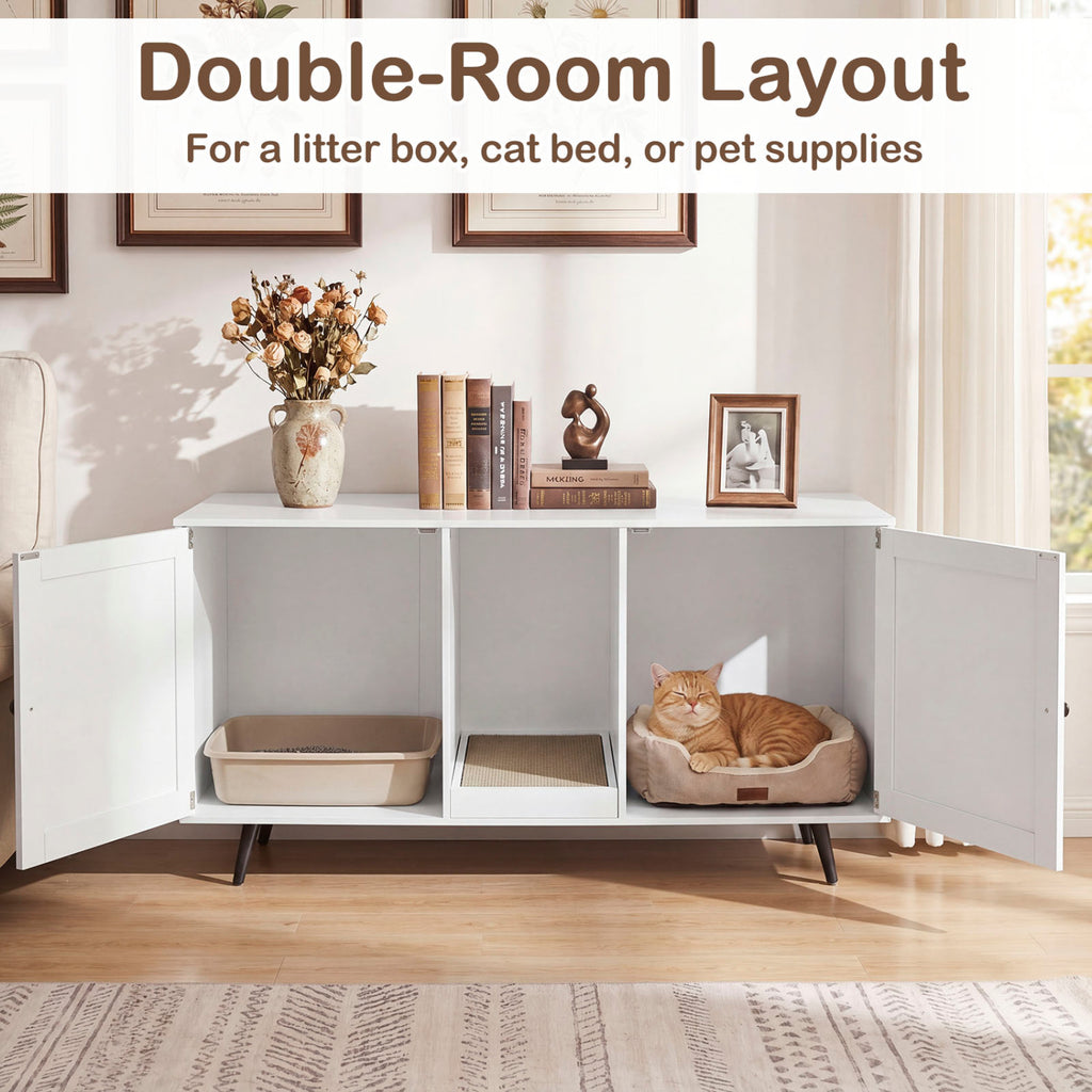 Double Cat Litter Box Enclosure for 2 Cats with Scratching Pad - White
