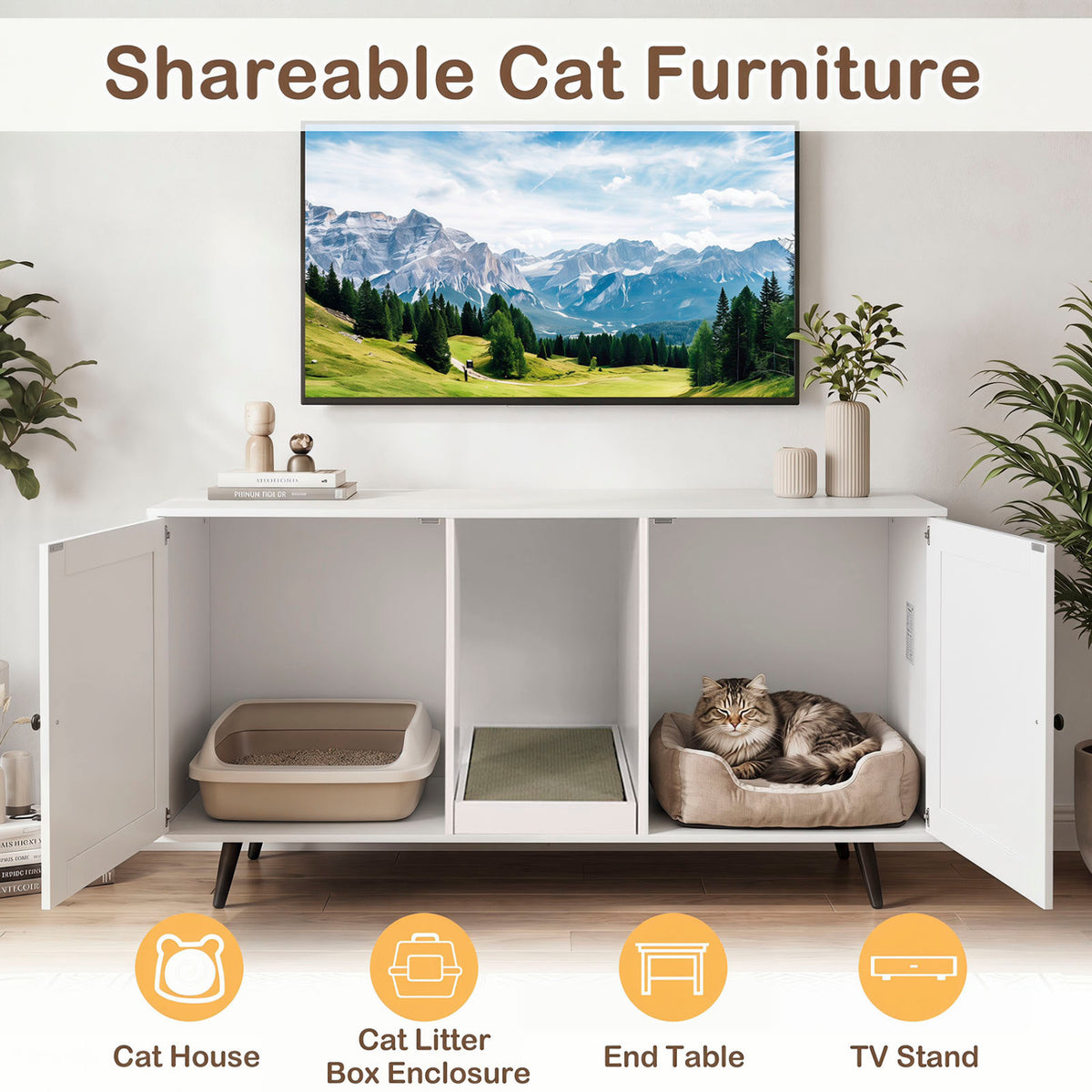 Double Cat Litter Box Enclosure for 2 Cats with Scratching Pad - White