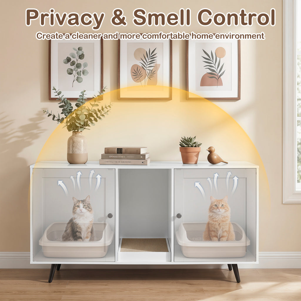 Double Cat Litter Box Enclosure for 2 Cats with Scratching Pad - White
