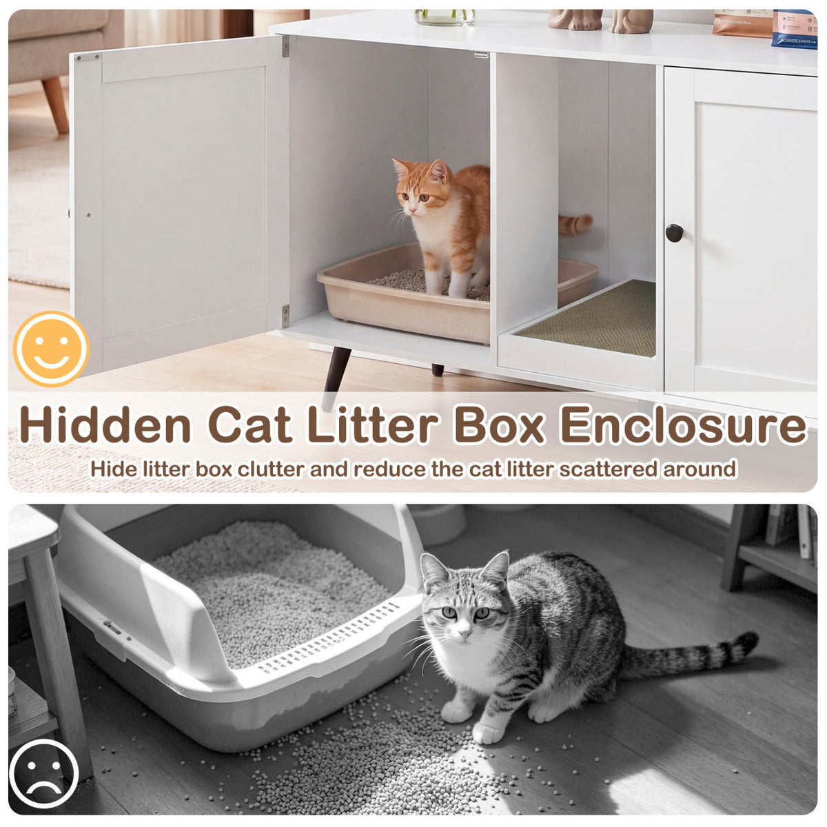 Double Cat Litter Box Enclosure for 2 Cats with Scratching Pad - White