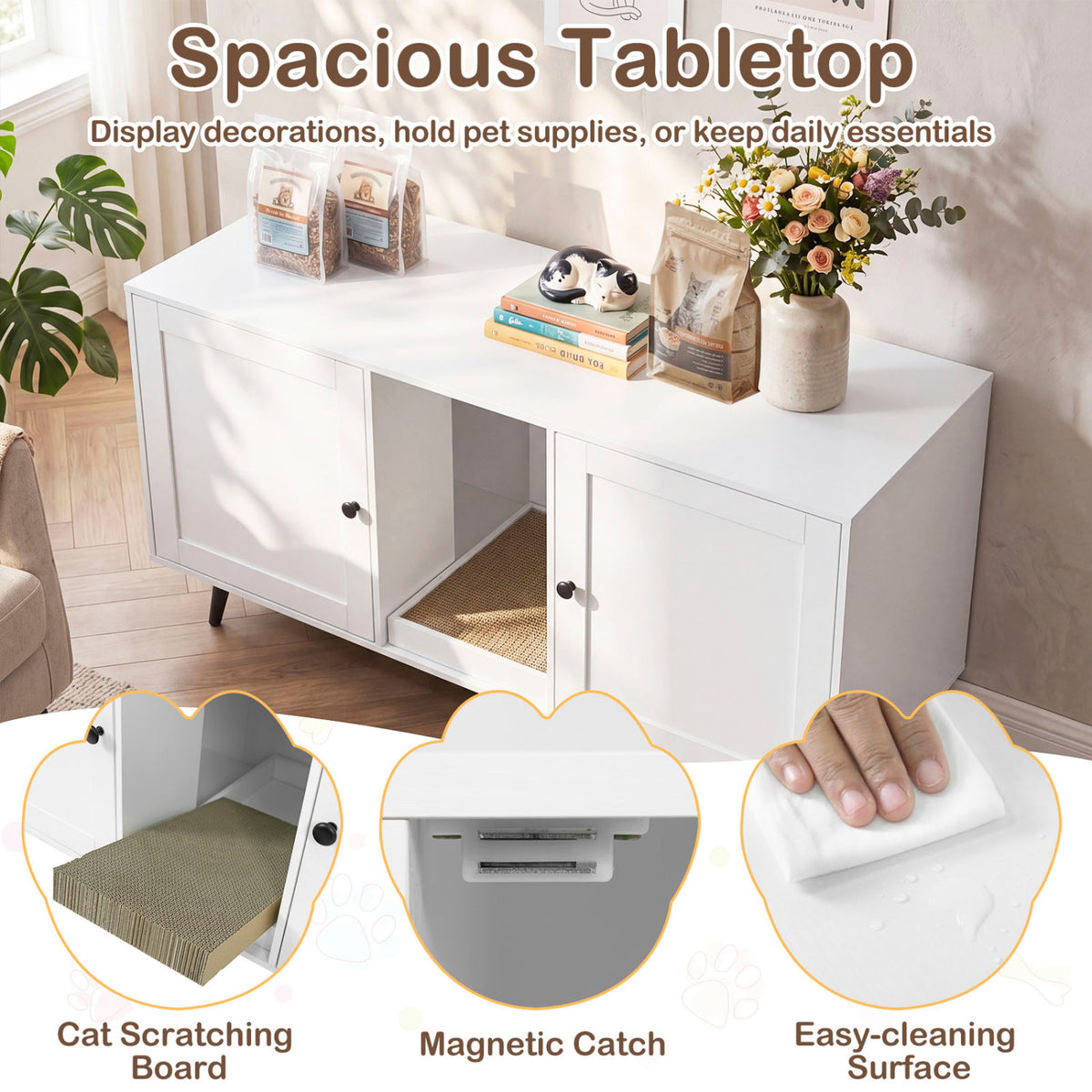 Double Cat Litter Box Enclosure for 2 Cats with Scratching Pad - White