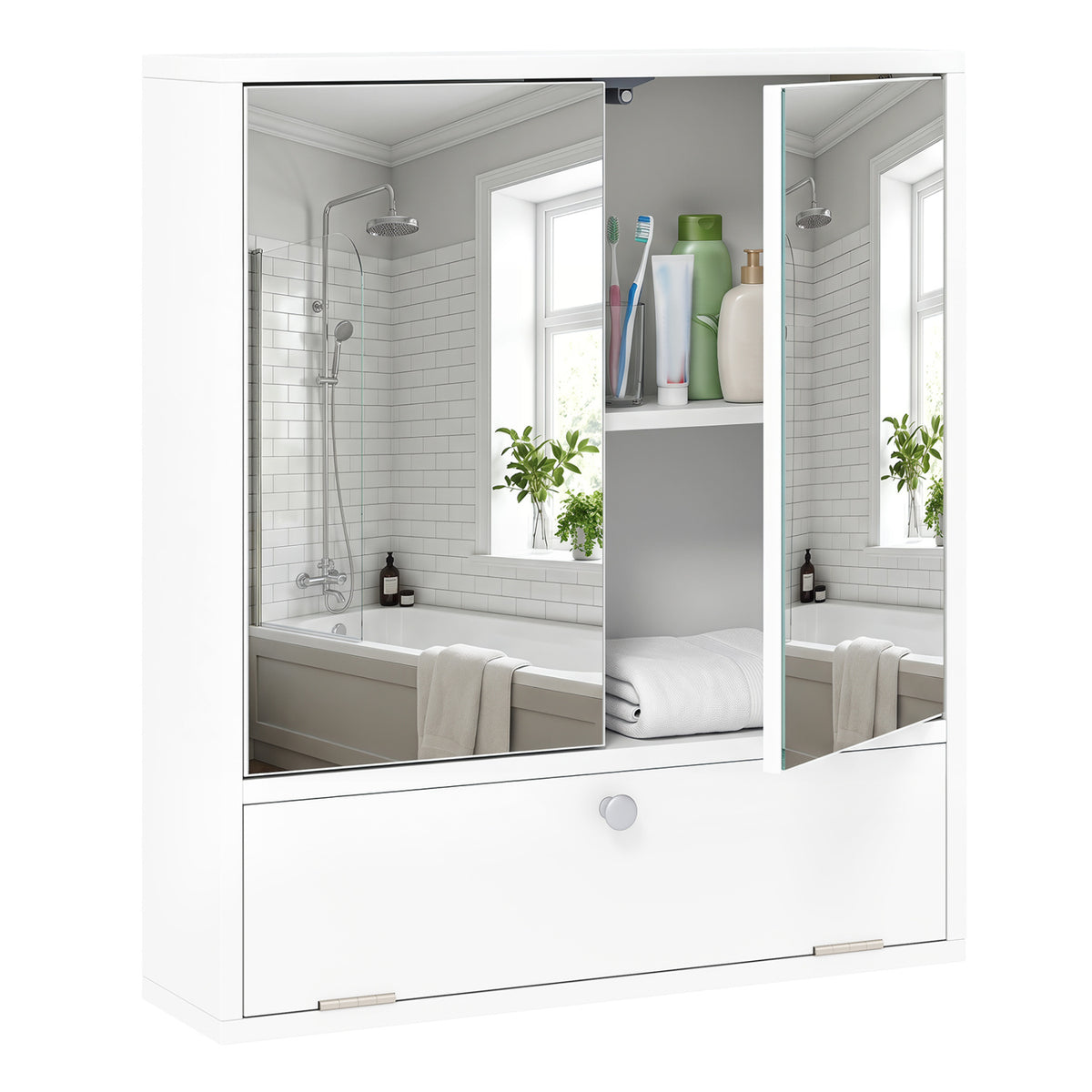 Double Door Wall-Mounted Bathroom Mirrored Medicine Cabinet