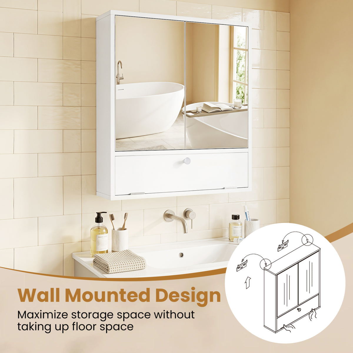 Double Door Wall-Mounted Bathroom Mirrored Medicine Cabinet