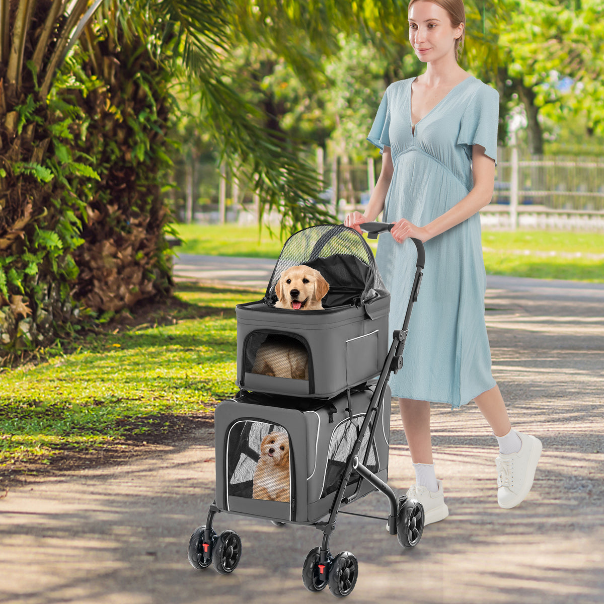 Double Pet Stroller 3-in-1 Foldable Dog Carrier with 2 Detachable Carriers - Gray, Side Pocket