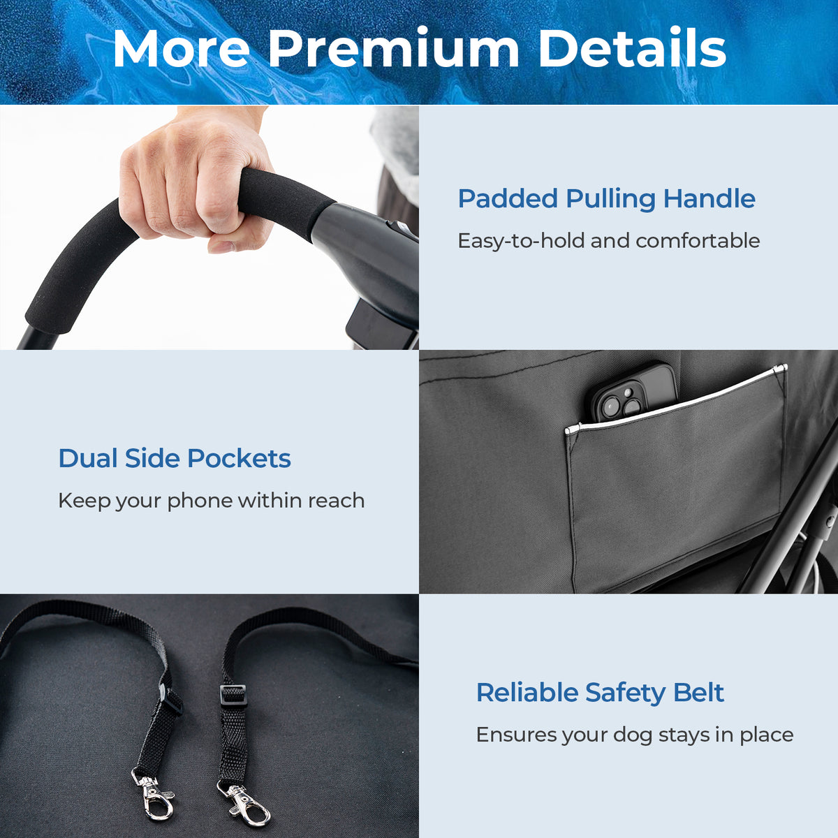 Double Pet Stroller 3-in-1 Foldable Dog Carrier with 2 Detachable Carriers - Gray, Side Pocket