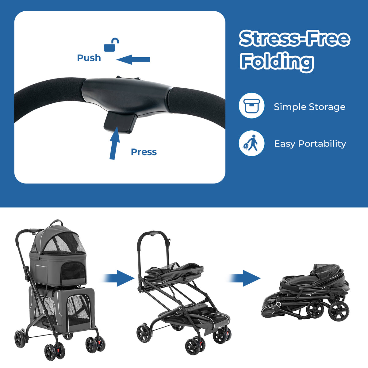 Double Pet Stroller 3-in-1 Foldable Dog Carrier with 2 Detachable Carriers - Gray, Side Pocket