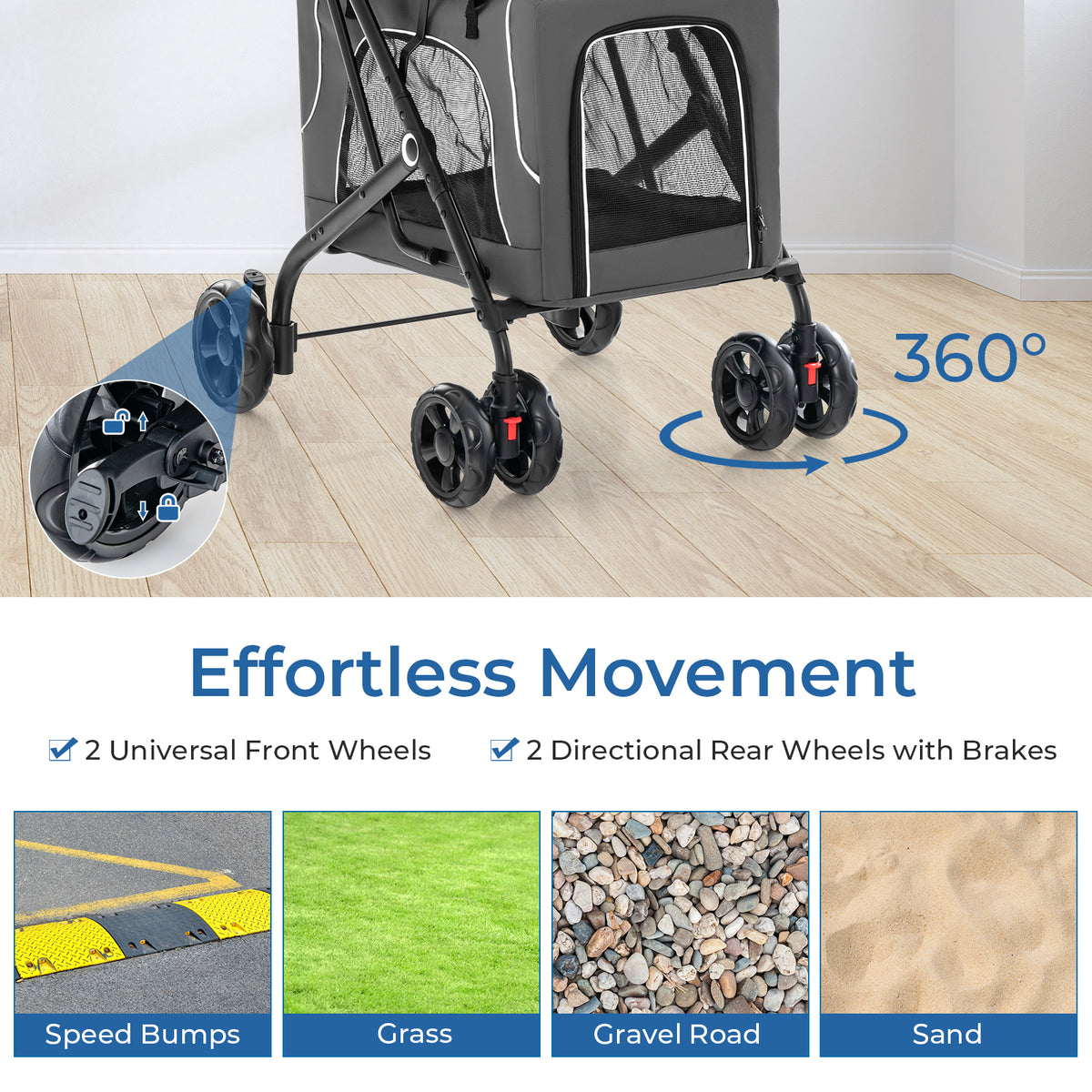 Double Pet Stroller 3-in-1 Foldable Dog Carrier with 2 Detachable Carriers - Gray, Side Pocket